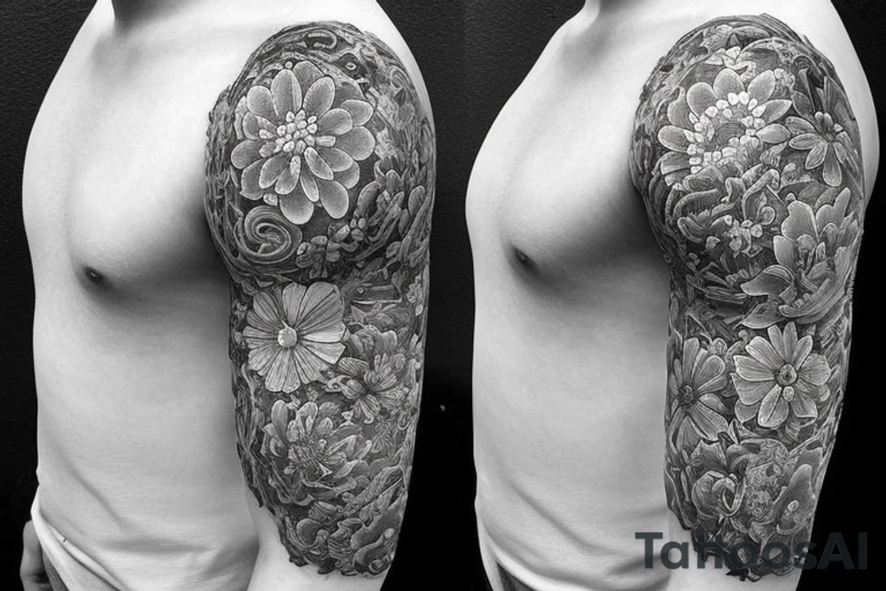 Shoulder sleeve for a guy. 3/4 length. Sun with light rays, waves, flowers tattoo idea