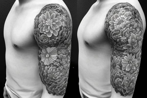 Shoulder sleeve for a guy. 3/4 length. Sun with light rays, waves, flowers tattoo idea
