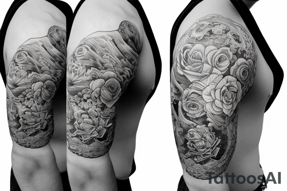 Shoulder sleeve for a guy. 3/4 length. Sun with light rays, waves, flowers tattoo idea