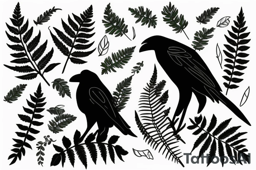 crow holding fern leaf in its mouth tattoo idea