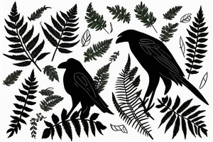 crow holding fern leaf in its mouth tattoo idea