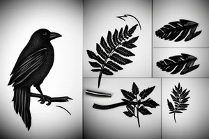 crow holding fern leaf in its mouth tattoo idea
