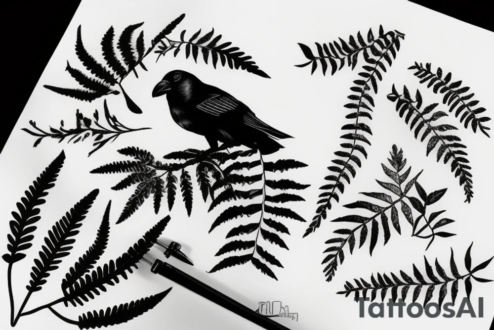crow holding a fern leaf in its mouth tattoo idea