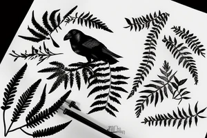 crow holding a fern leaf in its mouth tattoo idea