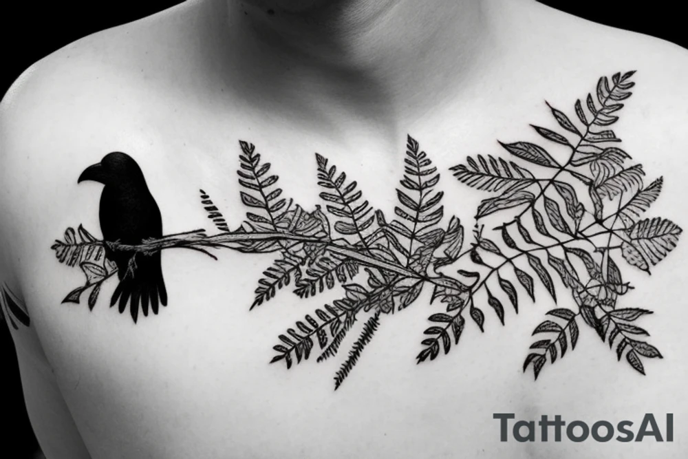 crow holding a fern leaf in its mouth tattoo idea