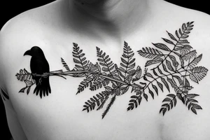 crow holding a fern leaf in its mouth tattoo idea