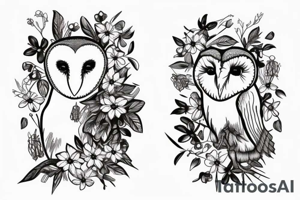 barn owl holding forget-me-not flowers in its mouth tattoo idea