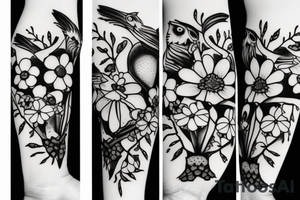 owl holding forget-me-not flowers in its mouth tattoo idea