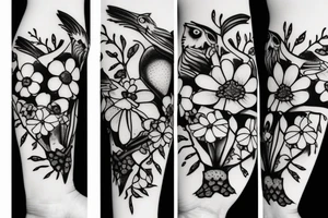 owl holding forget-me-not flowers in its mouth tattoo idea