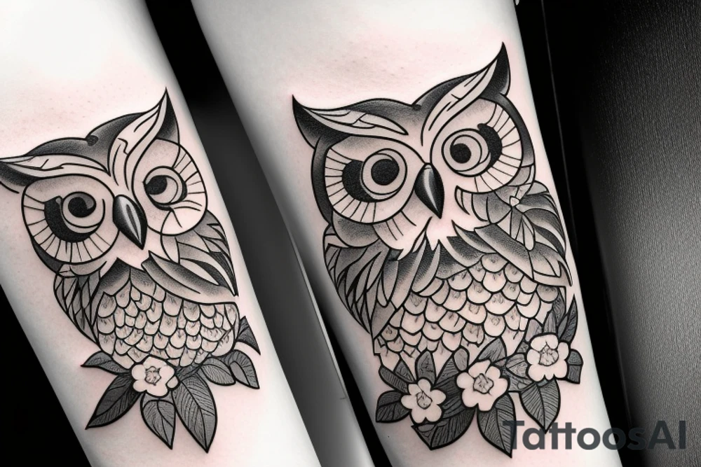 owl holding forget-me-not flowers in its mouth tattoo idea