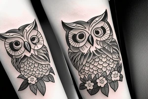 owl holding forget-me-not flowers in its mouth tattoo idea