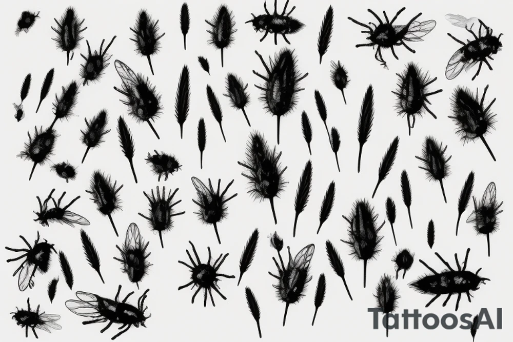 A grass field seen from afar, it is raining in the field bt there are still a couple of tiny bees in the sky tattoo idea