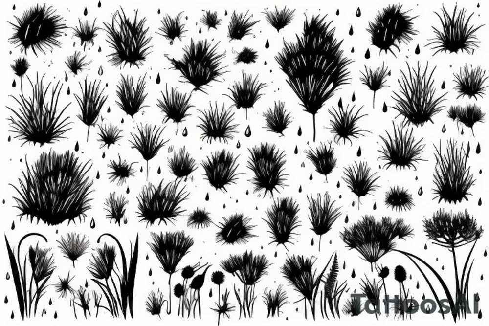 A grass field seen from afar, it is raining in the field bt there are still a couple of tiny bees in the sky tattoo idea