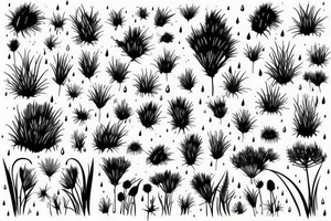 A grass field seen from afar, it is raining in the field bt there are still a couple of tiny bees in the sky tattoo idea