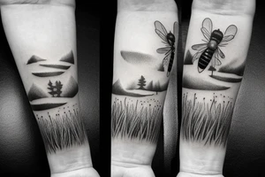 A grass field seen from afar, it is raining in the field bt there are still a couple of tiny bees in the sky. It looks like a picture of a landscape but made into fine line tattoo tattoo idea