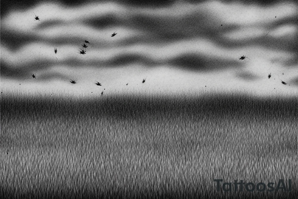 A grass field seen from afar, it is raining in the field bt there are still a couple of tiny bees in the sky. It looks like a picture of a landscape but made into fine line tattoo tattoo idea