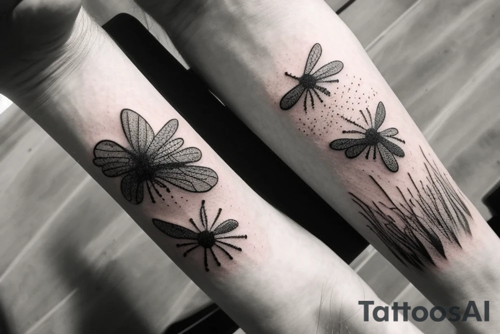 A grass field seen from afar, it is raining in the field bt there are still a couple of tiny bees in the sky. It looks like a picture of a landscape but made into fine line tattoo tattoo idea