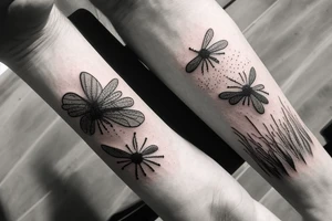 A grass field seen from afar, it is raining in the field bt there are still a couple of tiny bees in the sky. It looks like a picture of a landscape but made into fine line tattoo tattoo idea
