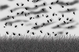 A grass field seen from afar, it is raining in the field bt there are still a couple of tiny bees in the sky. It looks like a picture of a landscape but made into fine line tattoo tattoo idea