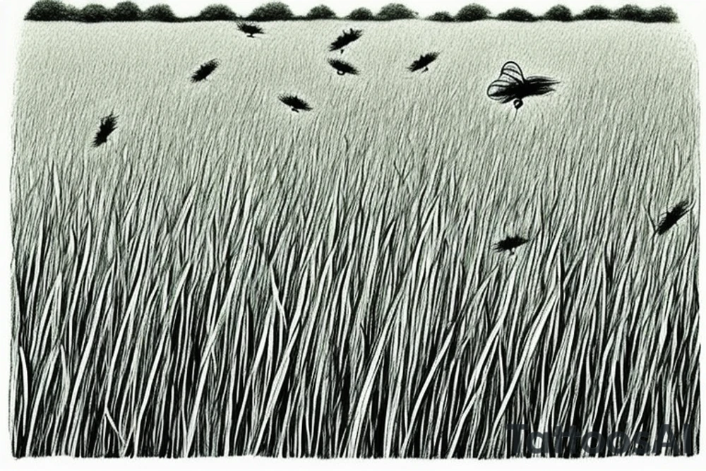 A grass field seen from afar, it is raining in the field bt there are still a couple of tiny bees in the sky. It looks like a picture of a landscape but made into fine line tattoo. It has to be small and girlly tattoo idea