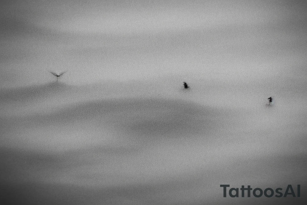 A grass field seen from afar, it is raining in the field bt there are still a couple of tiny bees in the sky. It looks like a picture of a landscape but made into fine line tattoo. It has to be small and girlly tattoo idea