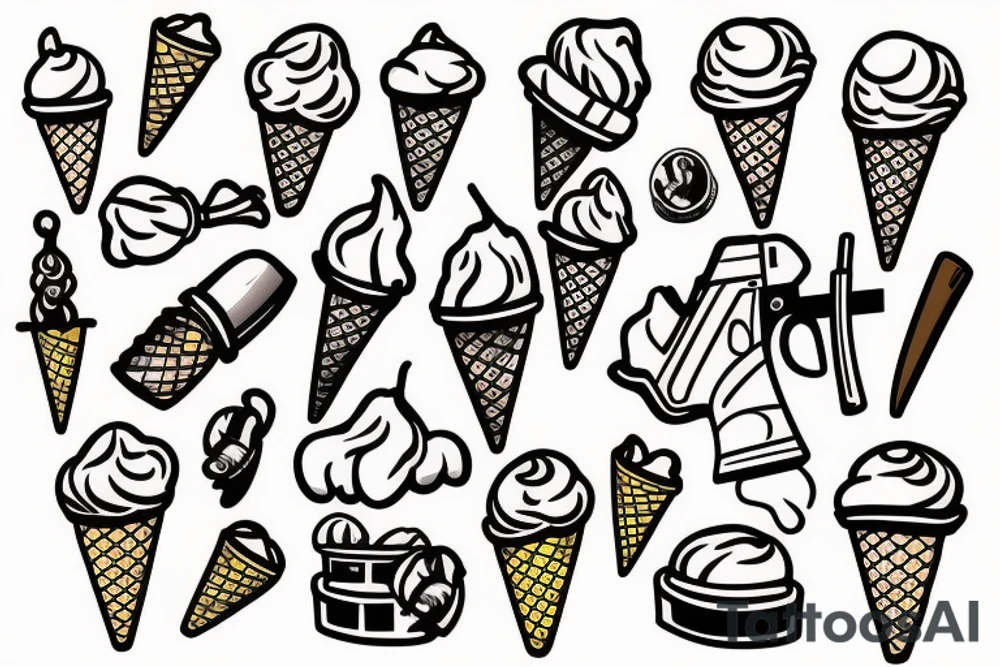 An ice cream cone holding a gun to its head tattoo idea
