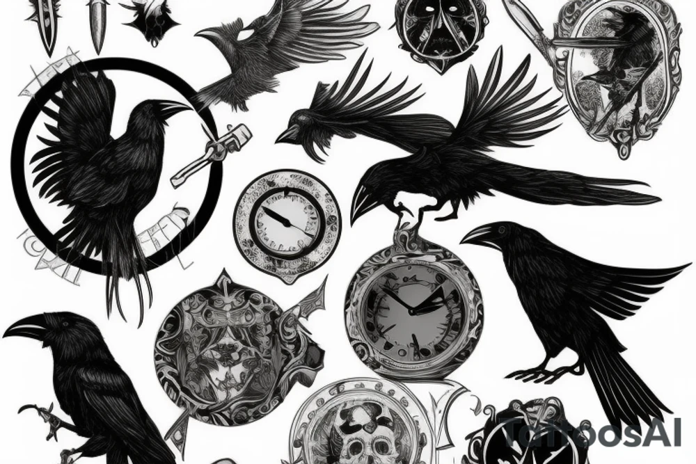 death personified with his raven would pierce time with a flaming dagger tattoo idea
