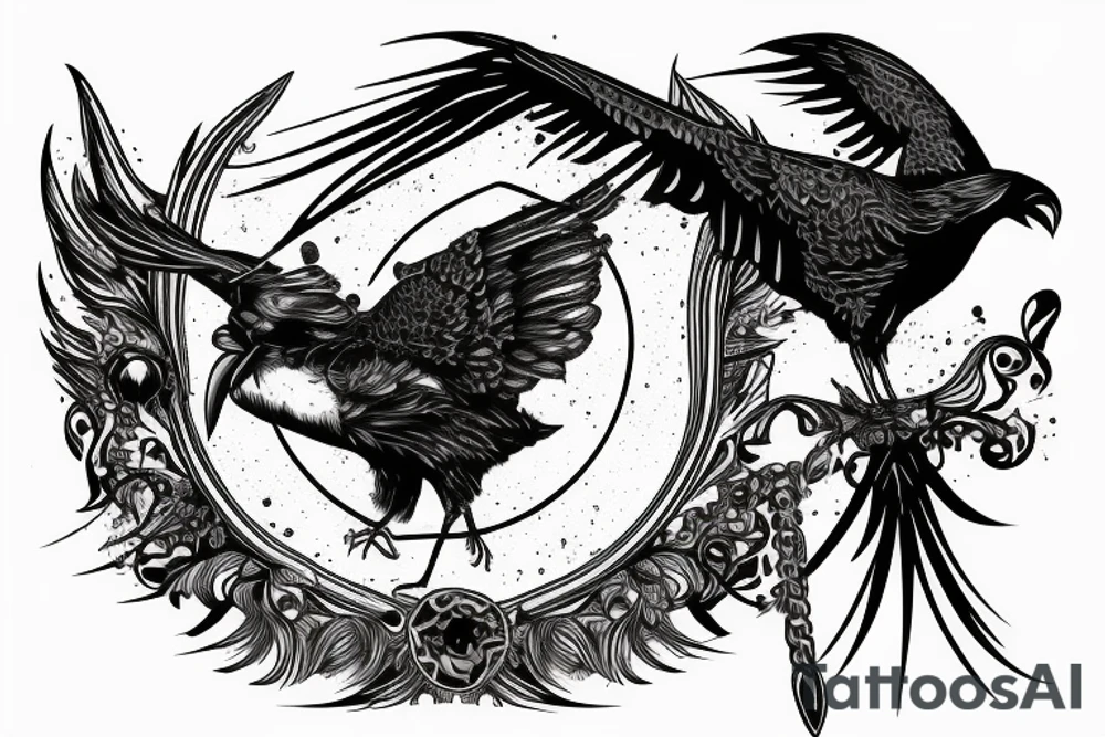 death personified with his raven would pierce time with a flaming dagger tattoo idea