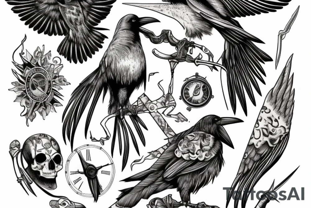 death personified with his raven would pierce time with a flaming dagger tattoo idea