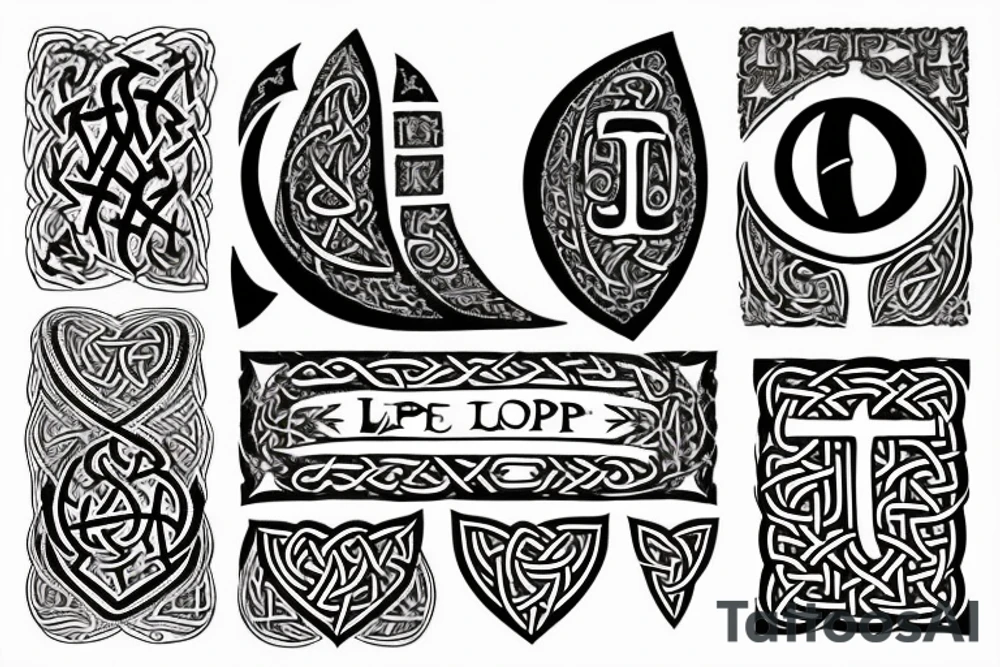 The letter T in Gothic calligraphy with a moon and Viking runes representing "life", "death", "hope", "love". tattoo idea
