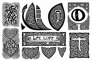 The letter T in Gothic calligraphy with a moon and Viking runes representing "life", "death", "hope", "love". tattoo idea