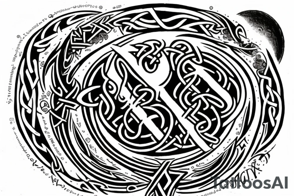 The letter T in Gothic calligraphy with a moon and Viking runes representing "life", "death", "hope", "love". tattoo idea