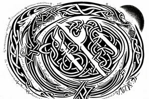 The letter T in Gothic calligraphy with a moon and Viking runes representing "life", "death", "hope", "love". tattoo idea