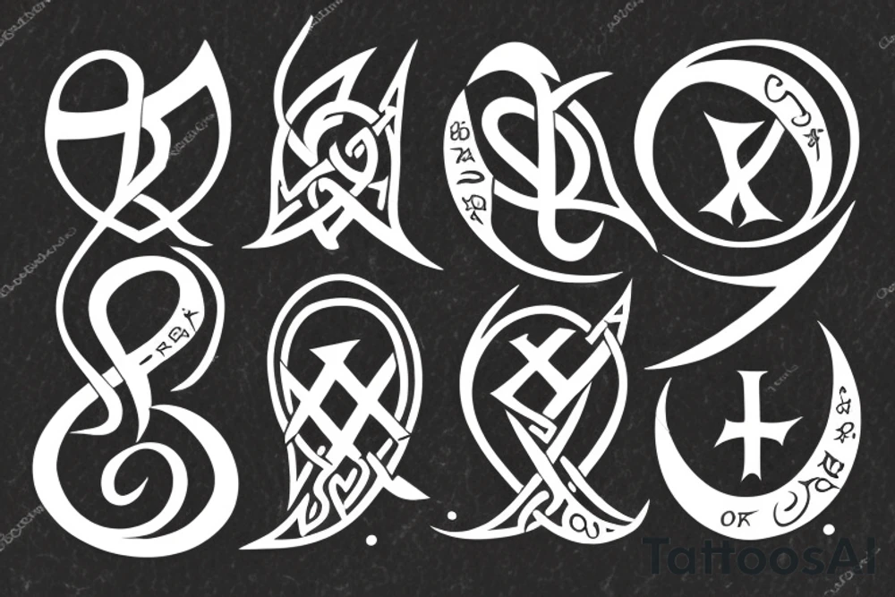 The letter T in Gothic calligraphy with a moon and Viking runes representing "life", "death", "hope", "love". tattoo idea