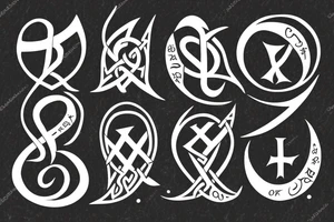 The letter T in Gothic calligraphy with a moon and Viking runes representing "life", "death", "hope", "love". tattoo idea