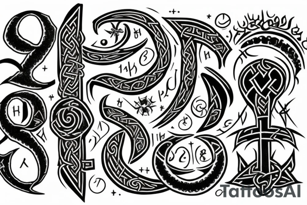 The letter T in Gothic calligraphy with a moon and Viking runes representing "life", "death", "hope", "love". tattoo idea