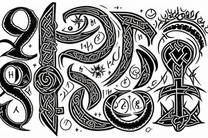 The letter T in Gothic calligraphy with a moon and Viking runes representing "life", "death", "hope", "love". tattoo idea