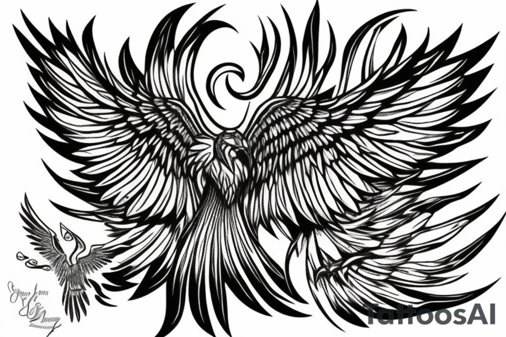 Phoenix taking flight, wings unfolded tattoo idea
