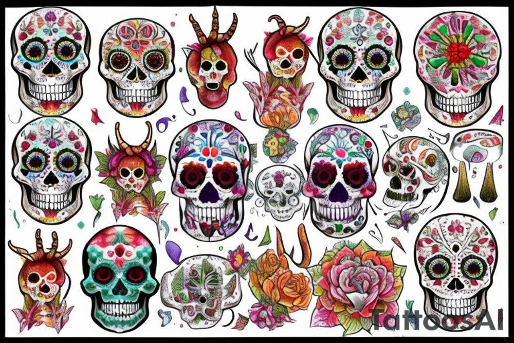 Watercolour sugar skull with devil horns surrounded by a couple mandala mushrooms tattoo idea