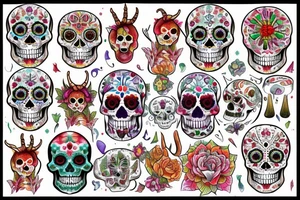 Watercolour sugar skull with devil horns surrounded by a couple mandala mushrooms tattoo idea