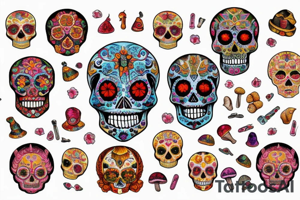 Watercolour sugar skull with devil horns surrounded by a couple mandala mushrooms tattoo idea