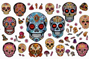 Watercolour sugar skull with devil horns surrounded by a couple mandala mushrooms tattoo idea