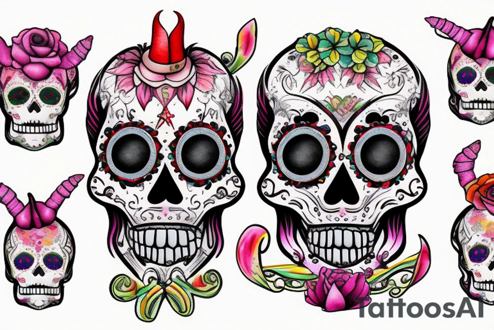 Watercolour sugar skull with devil horns tattoo idea