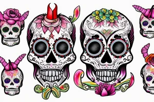 Watercolour sugar skull with devil horns tattoo idea