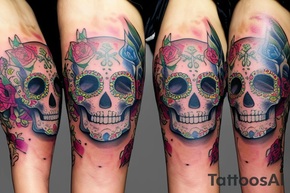 Watercolour sugar skull with devil horns tattoo idea