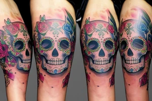 Watercolour sugar skull with devil horns tattoo idea