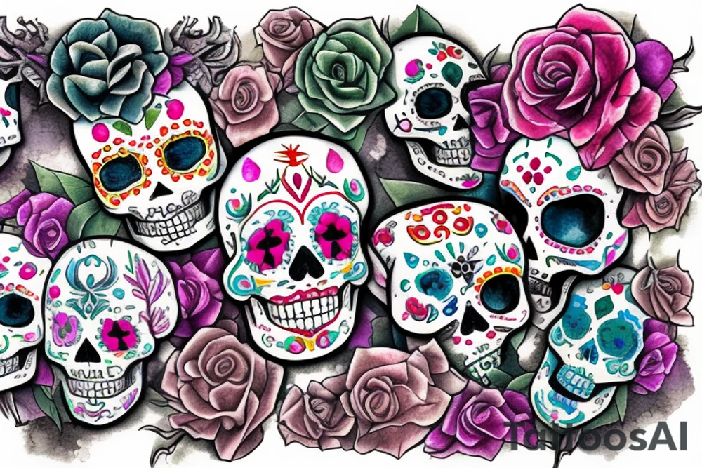Watercolour sugar skull with horns tattoo idea