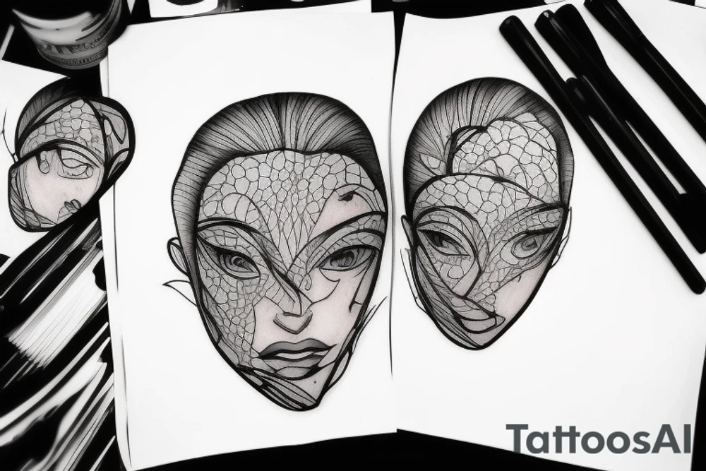Imagine an outline of a human head or profile. Within this outline is a mirrored surface. In the mirror, there's a dark, ghostly reflection of the face, contrasting against the main form tattoo idea