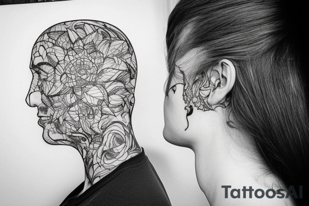 Imagine an outline of a human head or profile. Within this outline is a mirrored surface. In the mirror, there's a dark, ghostly reflection of the face, contrasting against the main form tattoo idea