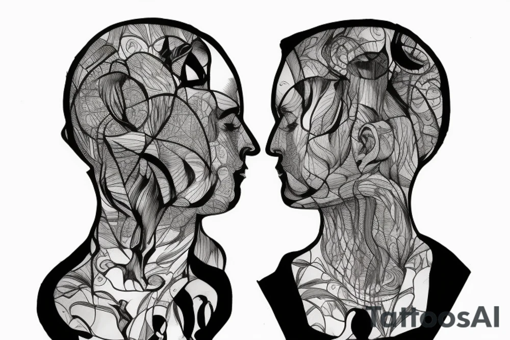 Imagine an outline of a human head or profile. Within this outline is a mirrored surface. In the mirror, there's a dark, ghostly reflection of the face, contrasting against the main form tattoo idea